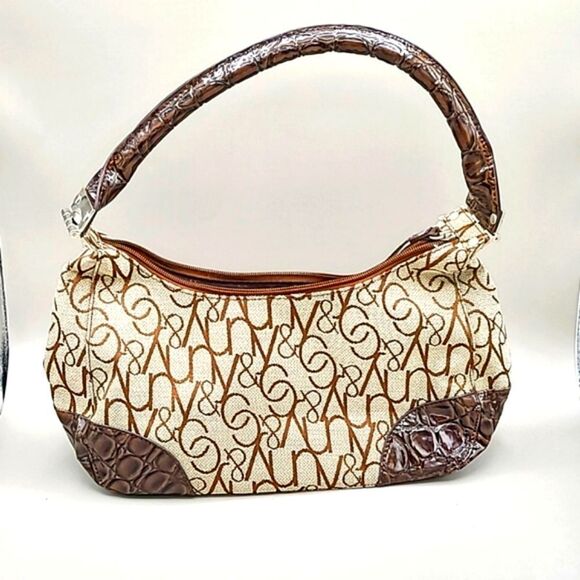 New York & Company Tan & Brown Canvas Handbag with Embossed Patent Trim - Picture 3 of 10